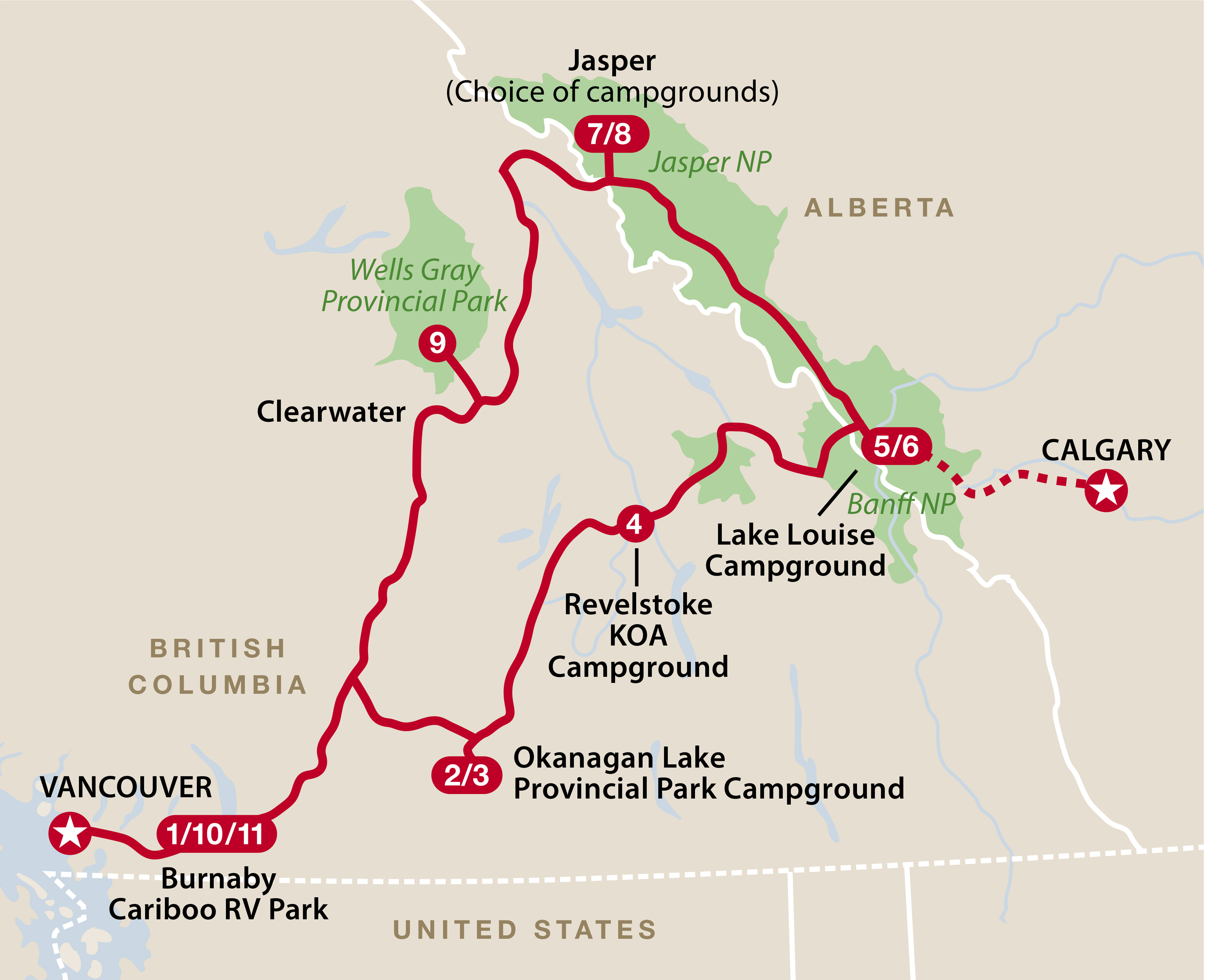 Mapa ruta Best of Canada's West